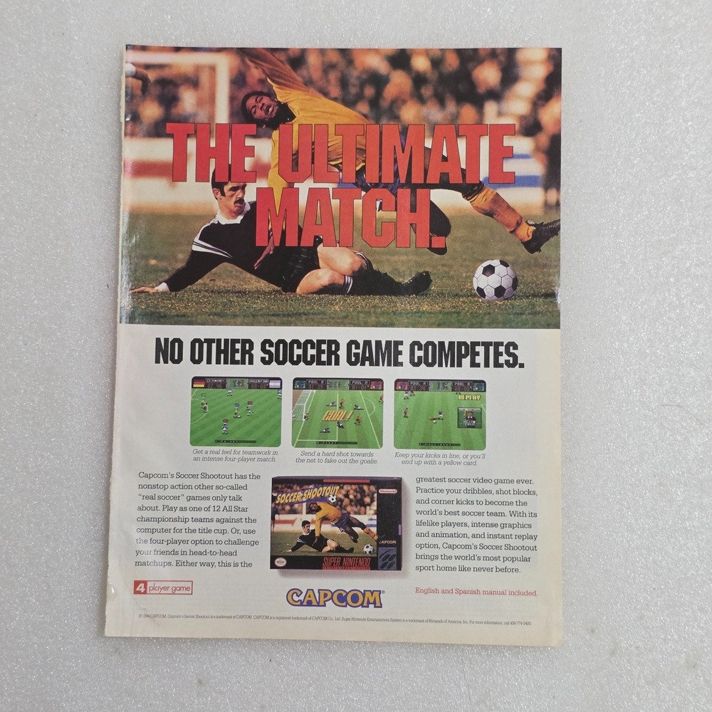 Vintage 1994 Capcom Soccer Shootout Print Ad Super Nintendo SNES 8x10 Original